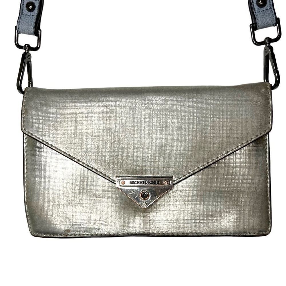 Michael Kors Metallic Grace Silver Leather Medium Envelope Clutch Bag Crossbody